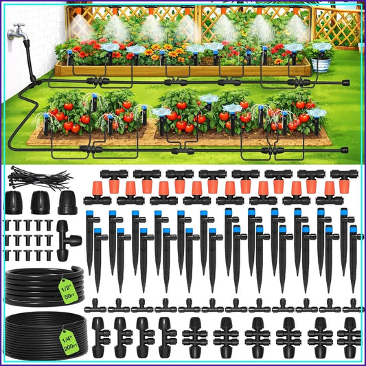 250FT Drip Irrigation System - Quick Connect Garden Misting Kit with Adjustable Nozzles for Indoor Outdoor Potted Plants Lawn Greenhouse