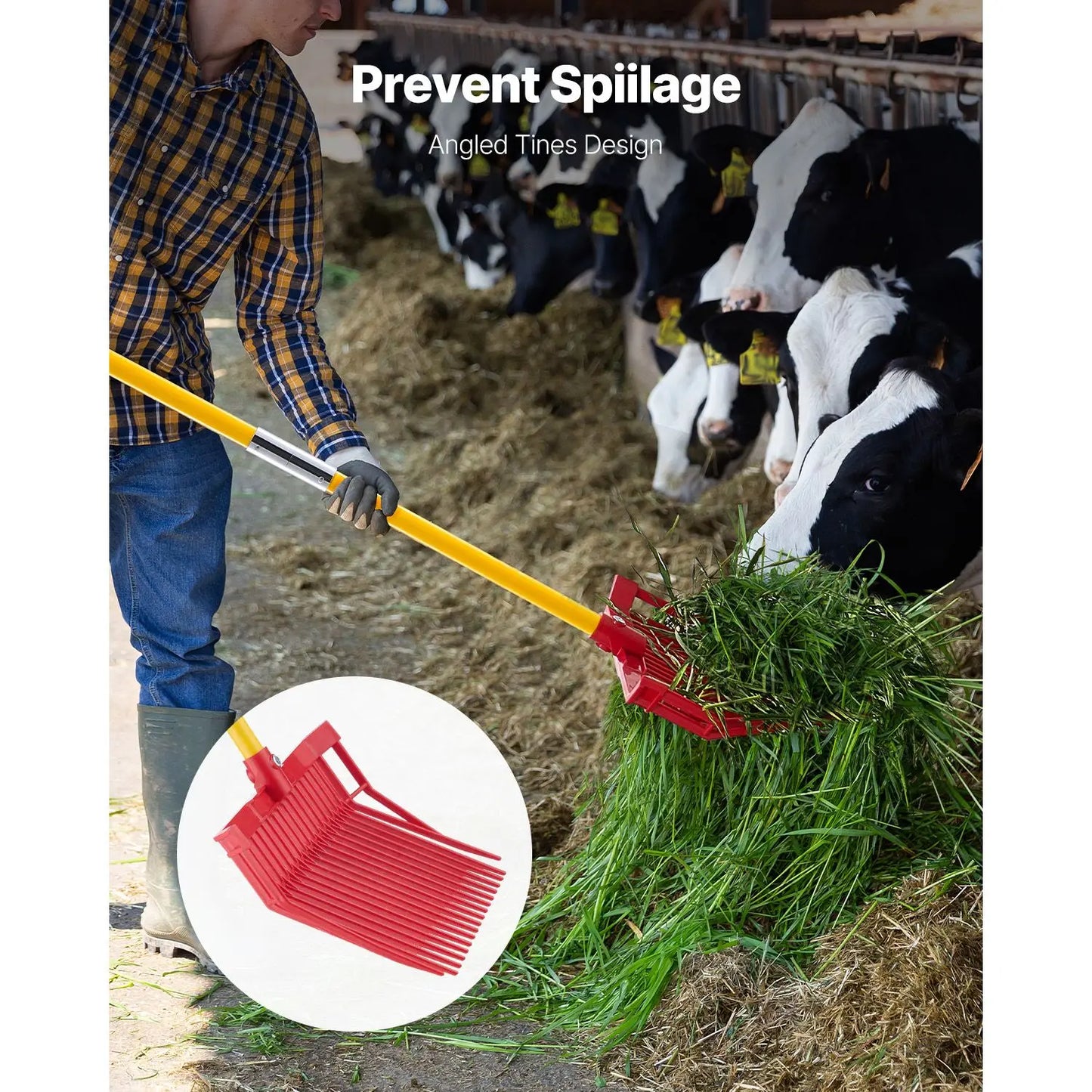 Manure Fork, 18 Angled Tines, Horse Manure Rake with Long Fiberglass Handle, 61 in Durable Plastic Pitchfork Muck Rake Tool for Gardening Horse Stall Stable Grass Hay Cleaning Farm Work