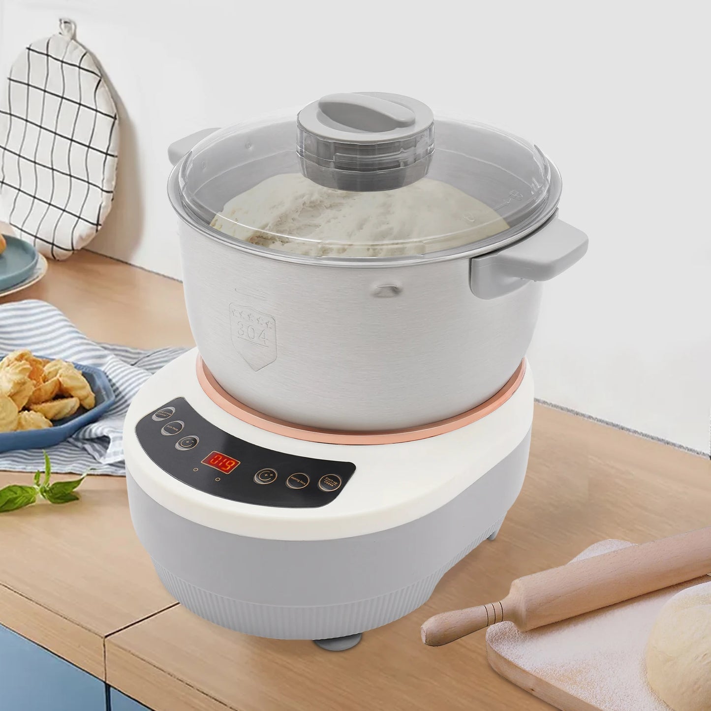 200W Electric Dough Maker 5L/169.09 Oz US Standard Ferment Function Flour Kneading Machine 304 Stainless Steel for Pizza Bread