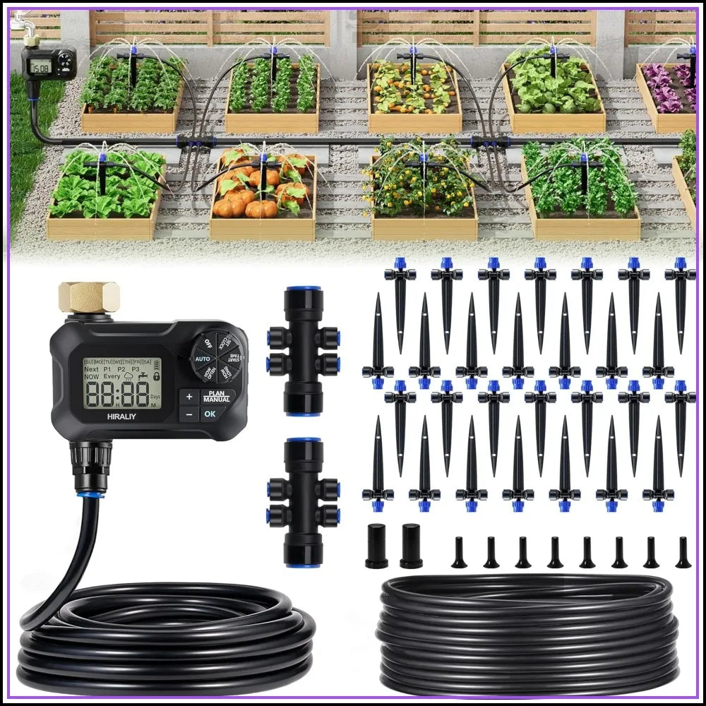 100FT Drip Irrigation Kit with Timer, Quick-Connect Garden Watering System, 24 Adjustable Drippers for Raised Beds, Lawn & Greenhouse