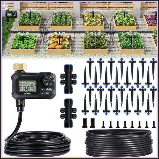 100FT Drip Irrigation Kit with Timer, Quick-Connect Garden Watering System, 24 Adjustable Drippers for Raised Beds, Lawn & Greenhouse