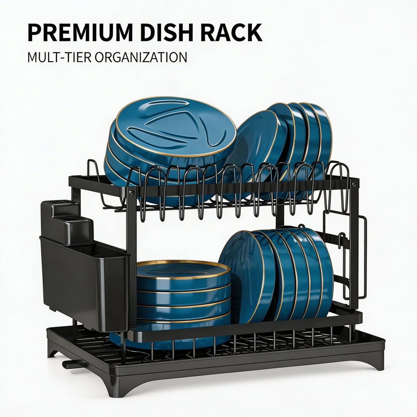 2-Tier Dish Drying Rack with Drainage Tray, Large Capacity Metal Dish Rack with Cup Holder, Utensil Cutter Holder & Knife Slots, Multi-Functional Kitchen Countertop Dish Organizer for Plates Bowls Glasses
