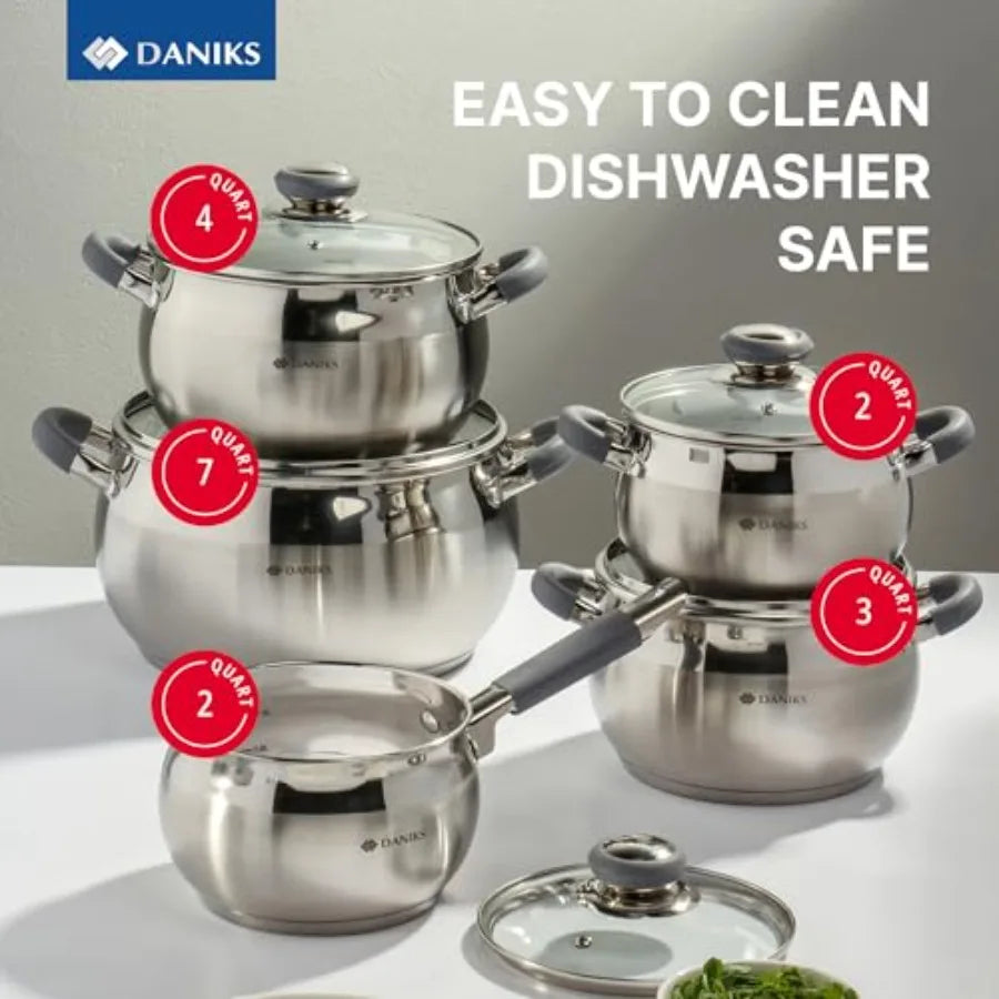 Stainless Steel 10 Piece Cookware Set With Glass Lids Induction Compatible