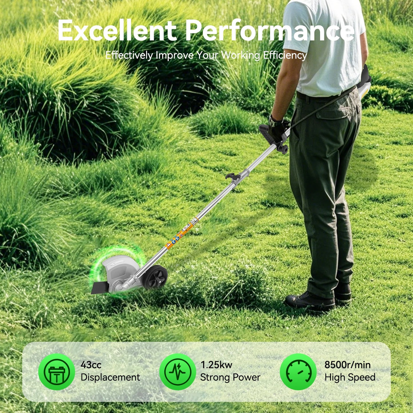 43cc 1.25kW Gasoline Brush Cutter, 2-Stroke Weed Wacker with 2 Blade Heads (Roller & Mowing), for Lawn, Orchard, Tea Garden, Rice Wheat Cutting, and Bush Clearing, 8500rpm High-Speed Grass Trimmer