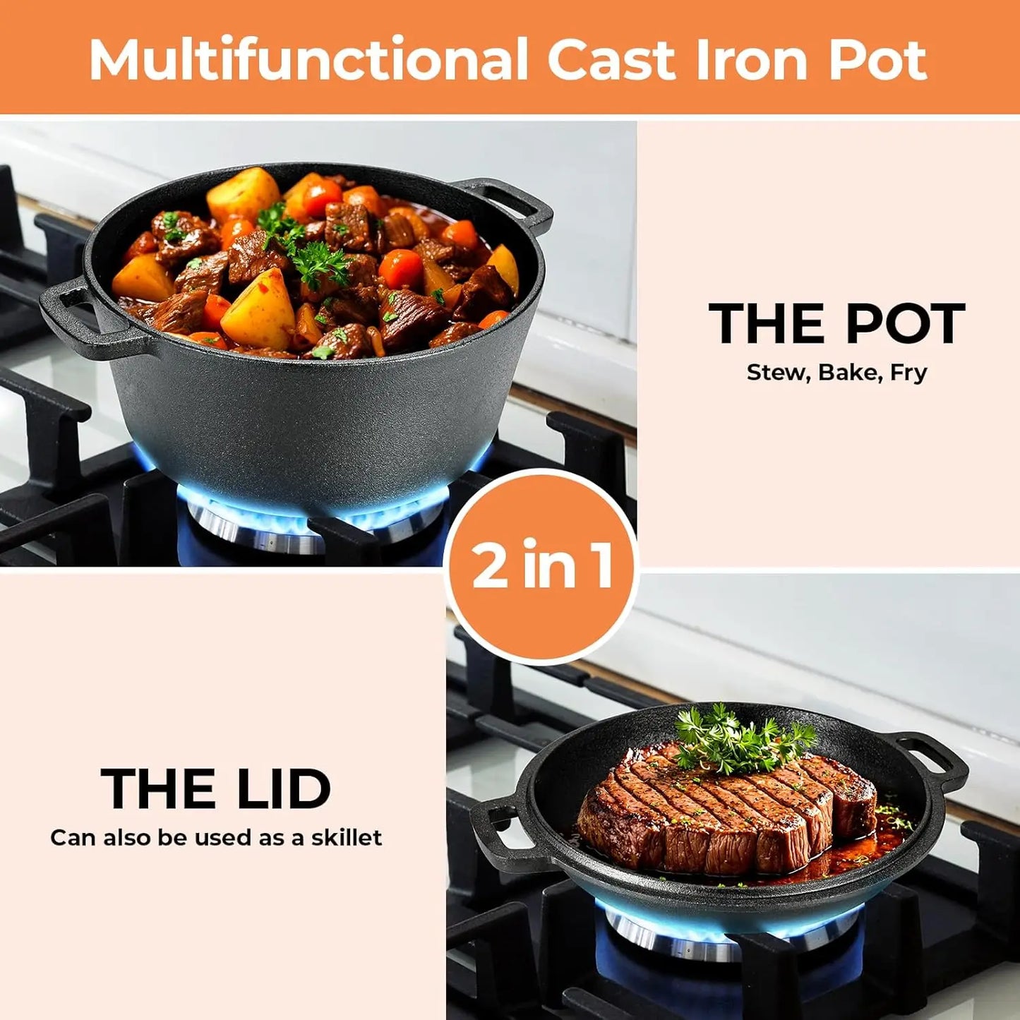 Pre Seasoned Cast Iron Double Dutch Oven With Lid Durable