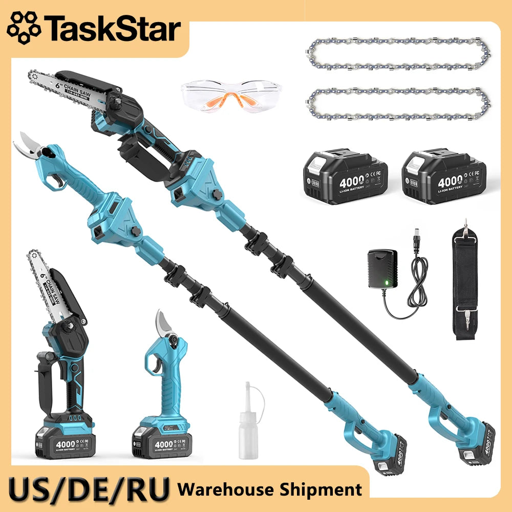 TaskStar 3-in-1 Telescoping Pole Pruner Electric Chainsaw High Branch Saw Garden Pruning Shears w/2 4.0Ah Rechargeable Batteries