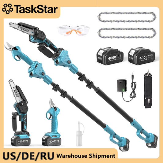TaskStar 3-in-1 Telescoping Pole Pruner Electric Chainsaw High Branch Saw Garden Pruning Shears w/2 4.0Ah Rechargeable Batteries