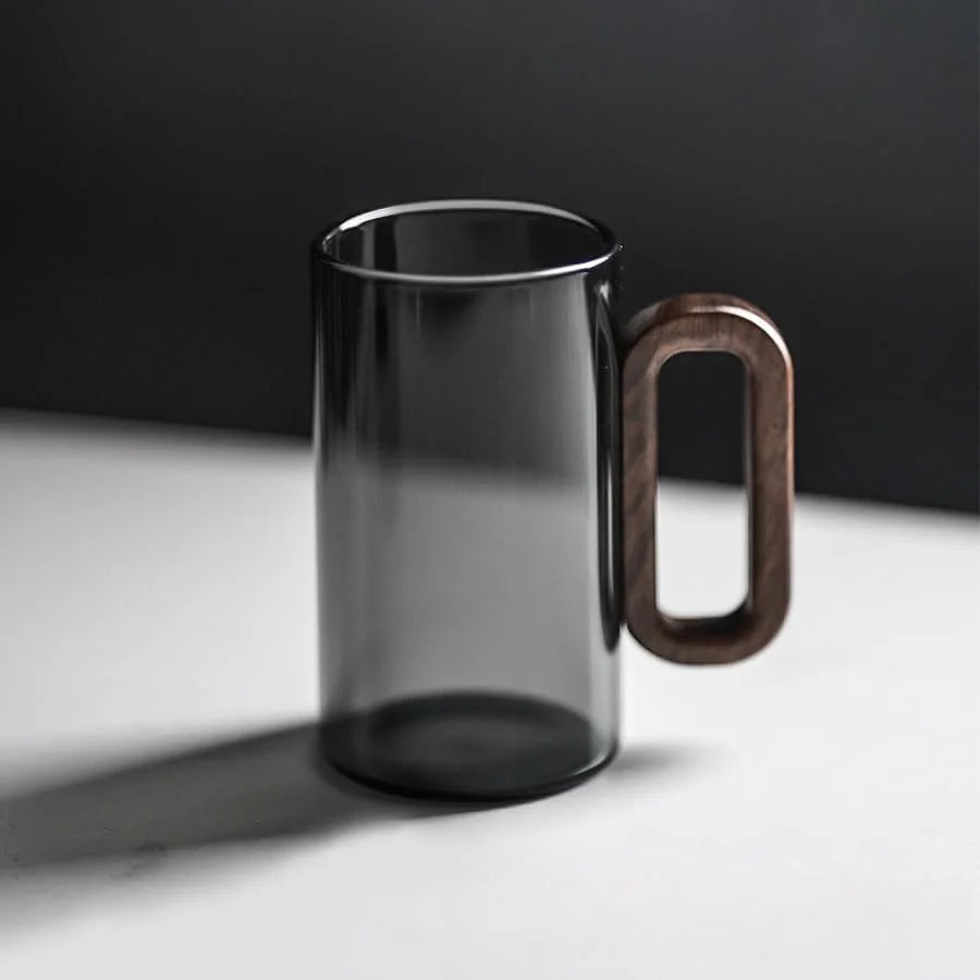 Borosilicate Glass Coffee Mugs With Walnut Handle Dishwasher Safe
