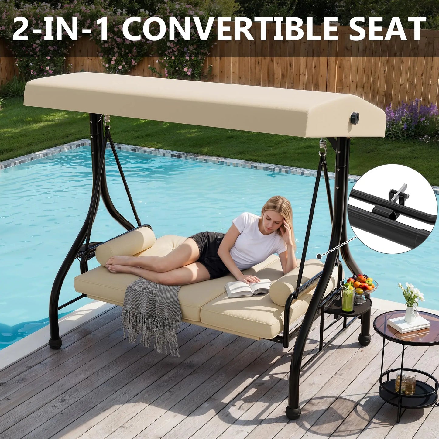 HiMISS 3-Seat Outdoor Porch Swing With Adjustable Canopy