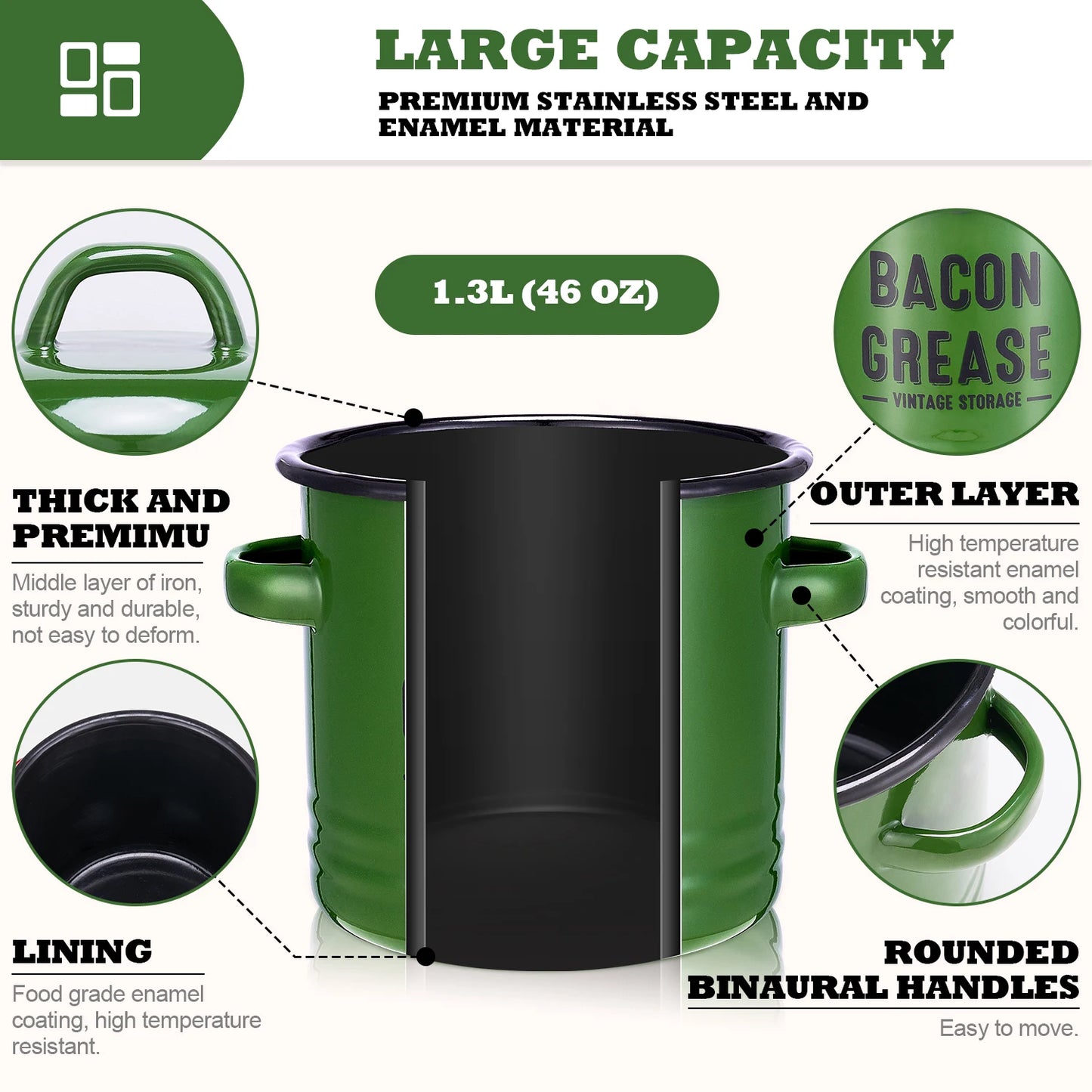 Bacon Grease Container with Strainer - Large 46OZ Red Kitchen Oil Storage Can, Food Saver Bin with Lid | Farmhouse Pot Green