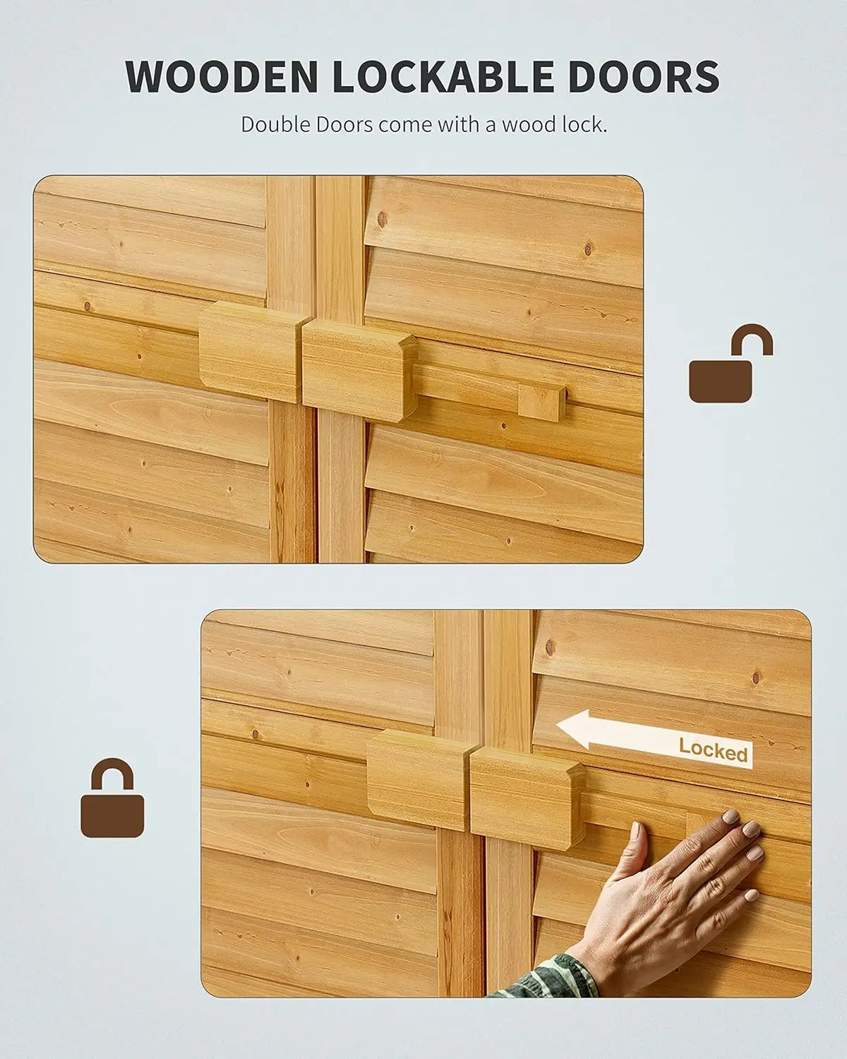 Outdoor Tall Wooden Storage Cabinet With 3 Shelves Double Lock Waterproof Roof