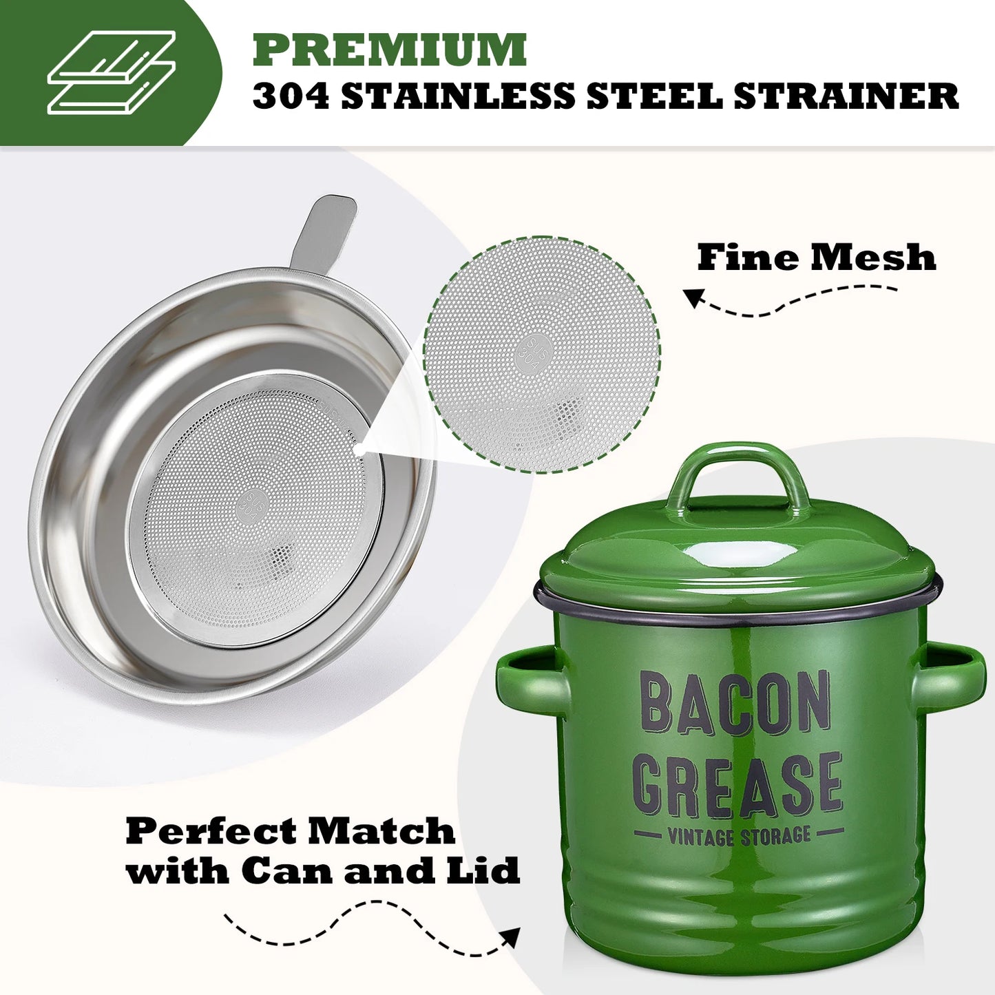 Bacon Grease Container with Strainer - Large 46OZ Red Kitchen Oil Storage Can, Food Saver Bin with Lid | Farmhouse Pot Green