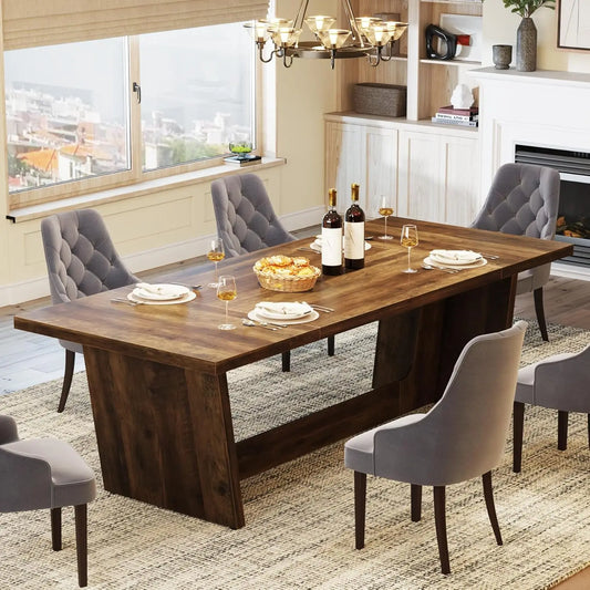 Dining Room Table: Rectangular Farmhouse Kitchen Table with Solid Pedestal, Rustic Long Dinner Table for Big Family