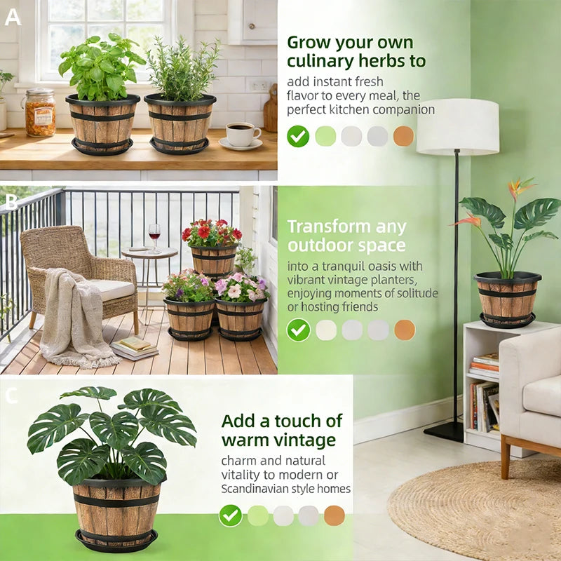 Resin Indoor Flower Planter Barrel Style Plant Pot For Home Garden
