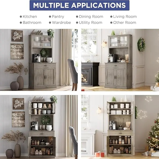 HiMISS Kitchen Pantry Cabinet Freestanding Hutch With Microwave Stand
