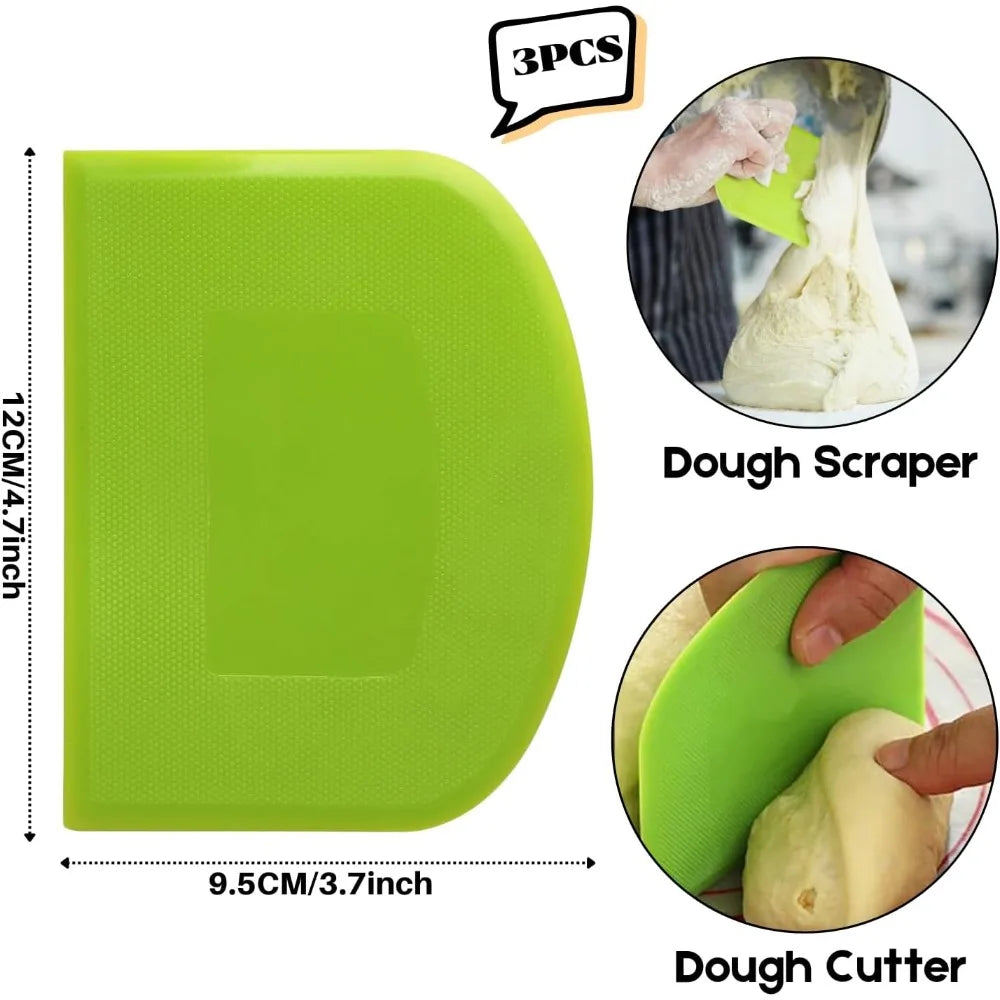 Flexible Plastic Dough Scraper Bench Scraper with Sharp Edges for Baking Cake Decorating Modeling and Sculpting Non Slip Kitchen Tool Set of 3 Green White Green