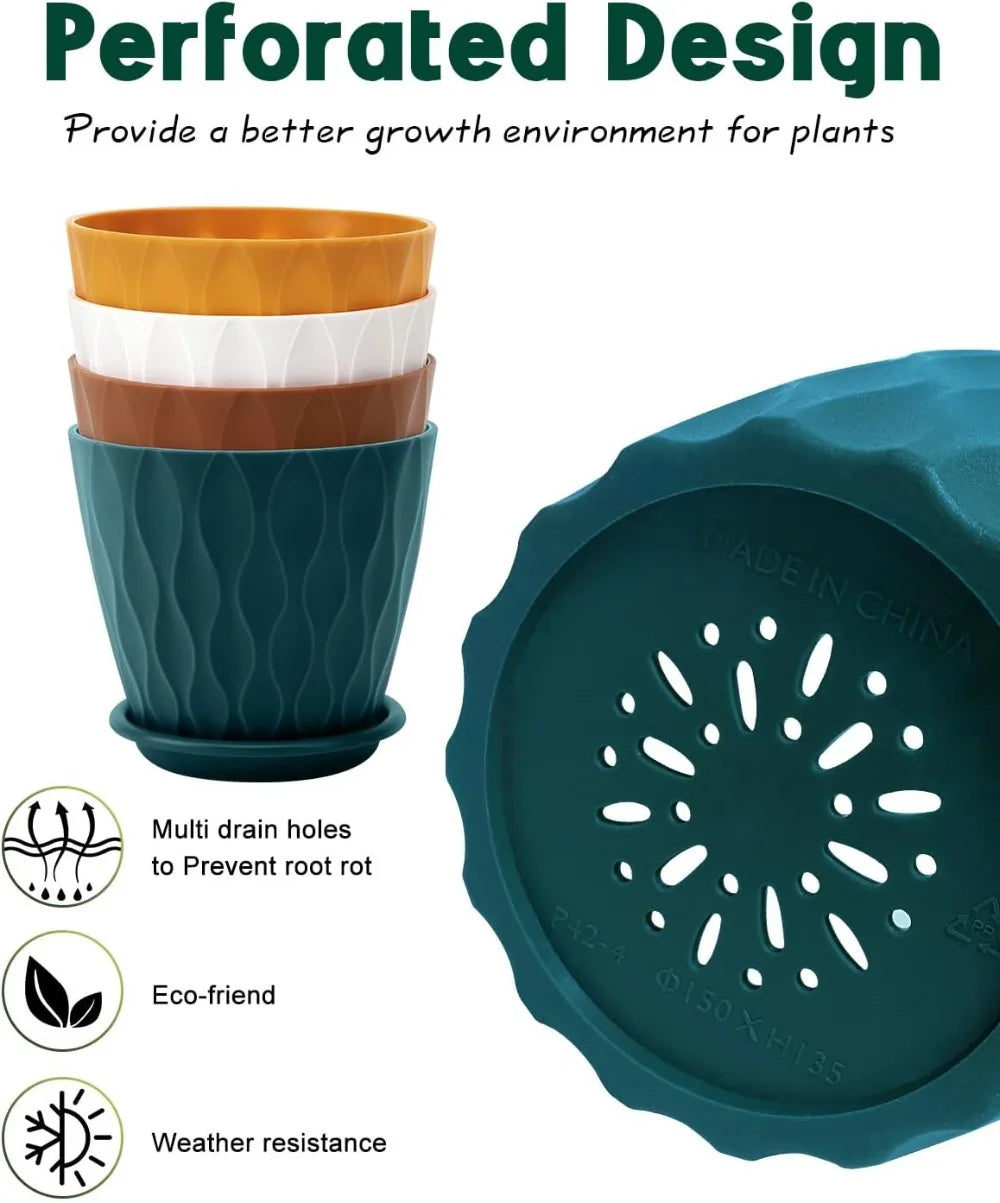 Porcelain Indoor Plant Pots With Drainage And Trays Four Pack