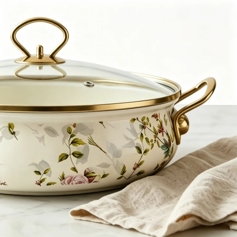 VAETTLO Vintage Enamel Stock Pot With Glass Lid For Stovetops