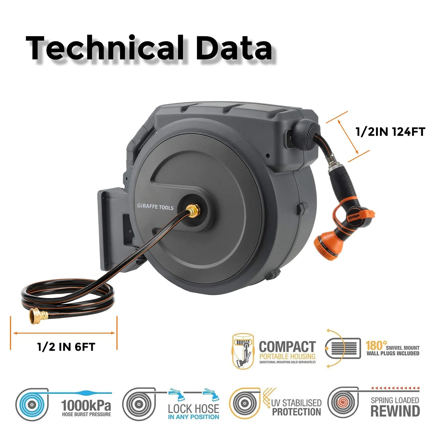 Giraffe Tools Retractable Garden Hose Reel 1/2 Inch x 130 ft, Super Heavy Duty, Any Length Lock, Slow Return System, Wall Mounted and 180 Deg Swivel Bracket