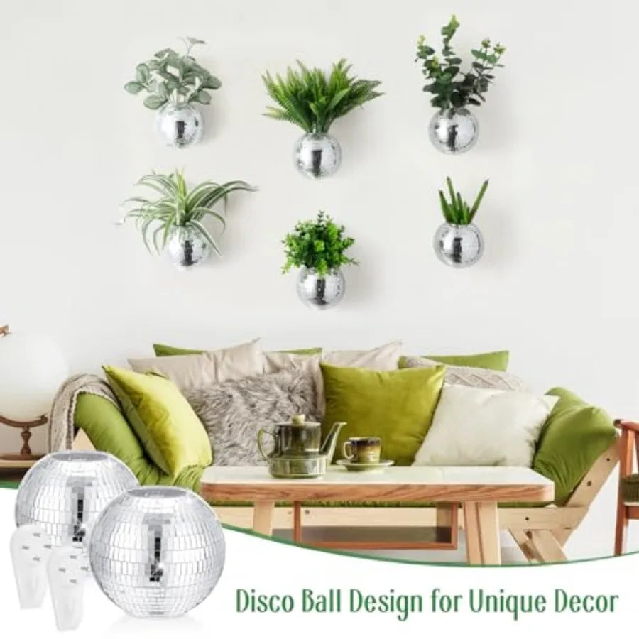 Disco Ball Planter Set Mirror Glass Wall Hanging Boho Decor