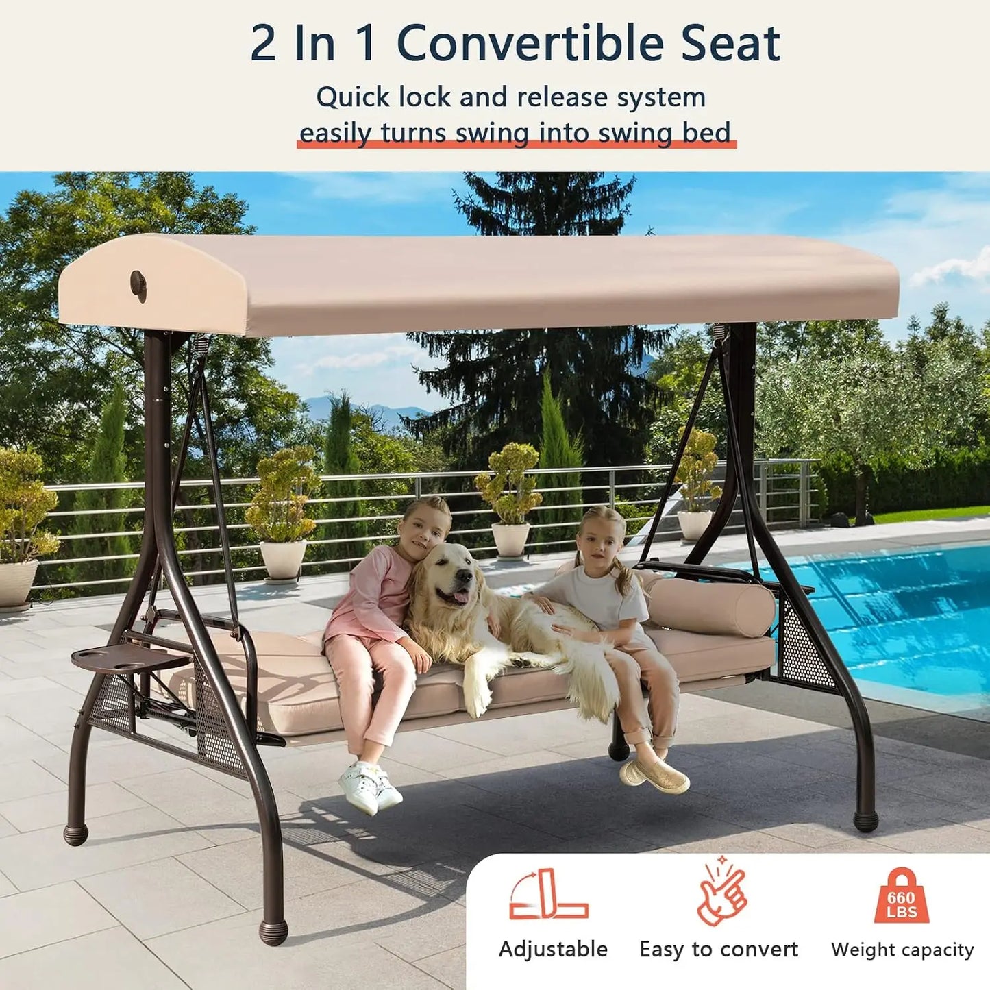 Patio Porch Swing, 3-Seat Outdoor Swing with Adjustable Canopy, Waterproof Fabric Cushion, Pillow and Foldable Side, Customized