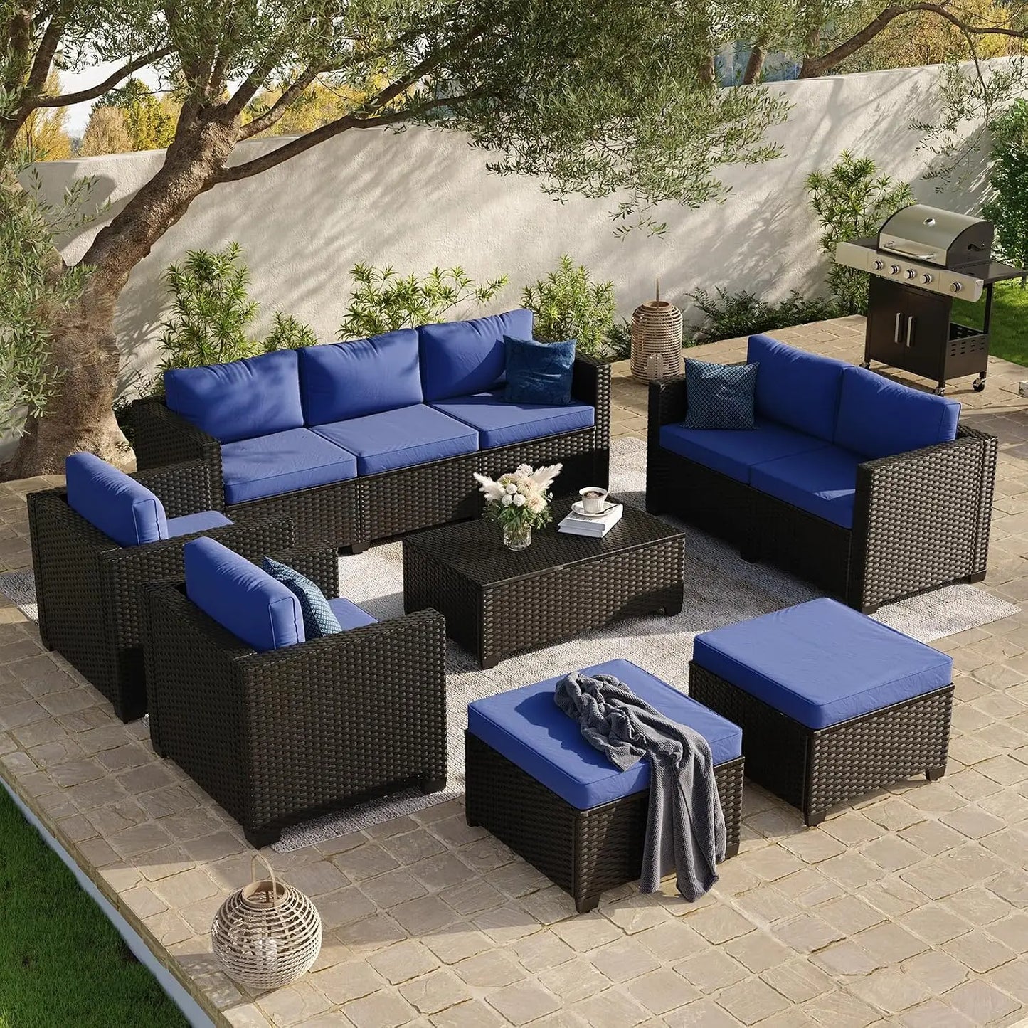 10 Piece Outdoor Patio Furniture Set 9 Seats, Outdoor Sectional with Thick Waterproof Cushions, Patio Conversation Sets, Custom
