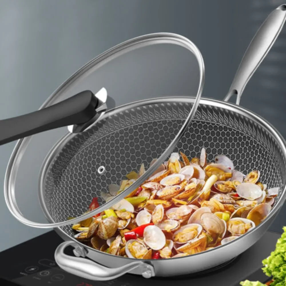 Stainless Steel Wok Pan With Nonstick Coating And Glass Lid