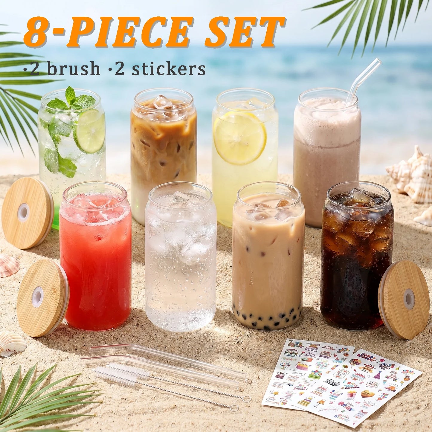 Glass Cups Set With Bamboo Lids Glass Straws And Brushes