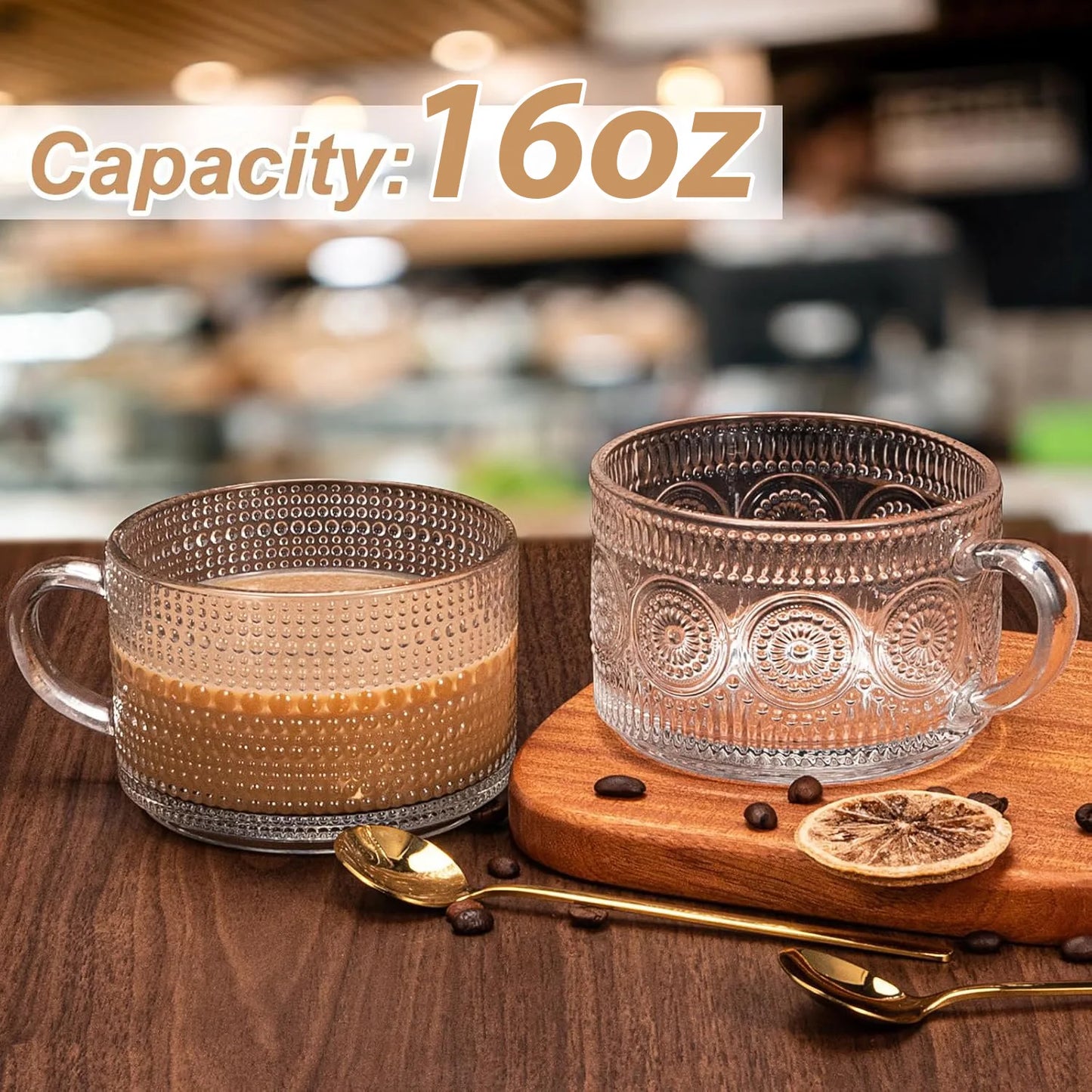 8‑Pack Embossed Glass Coffee Mugs Set with Bamboo Lids and Golden Spoons, Clear Vintage Texture Glass Cups, Oatmeal Yogurt Dessert Bowls, Drinking Tumbler for Tea, Milk, Juice, Home Kitchen Daily‑Use Drinkware