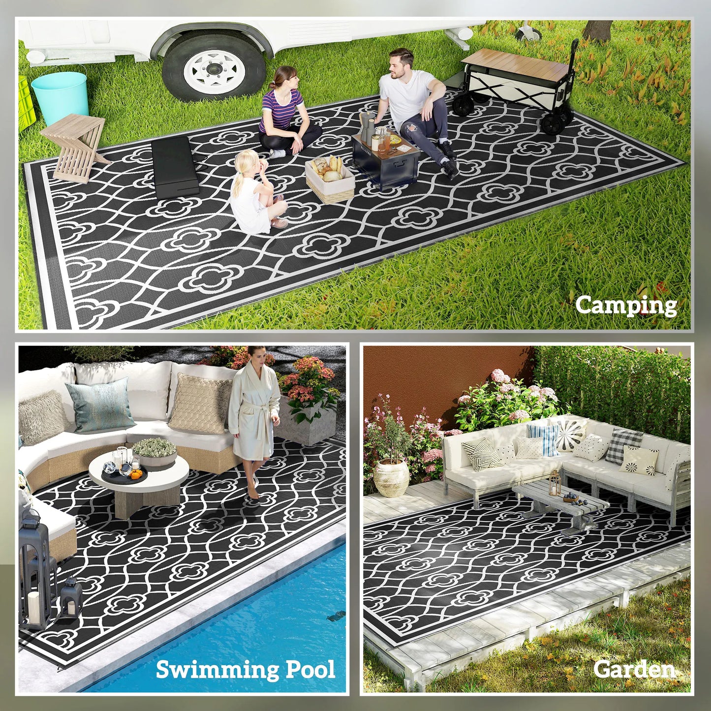 Outdoor Rug, 9' x 18' Floor Mat, Black White Lantern