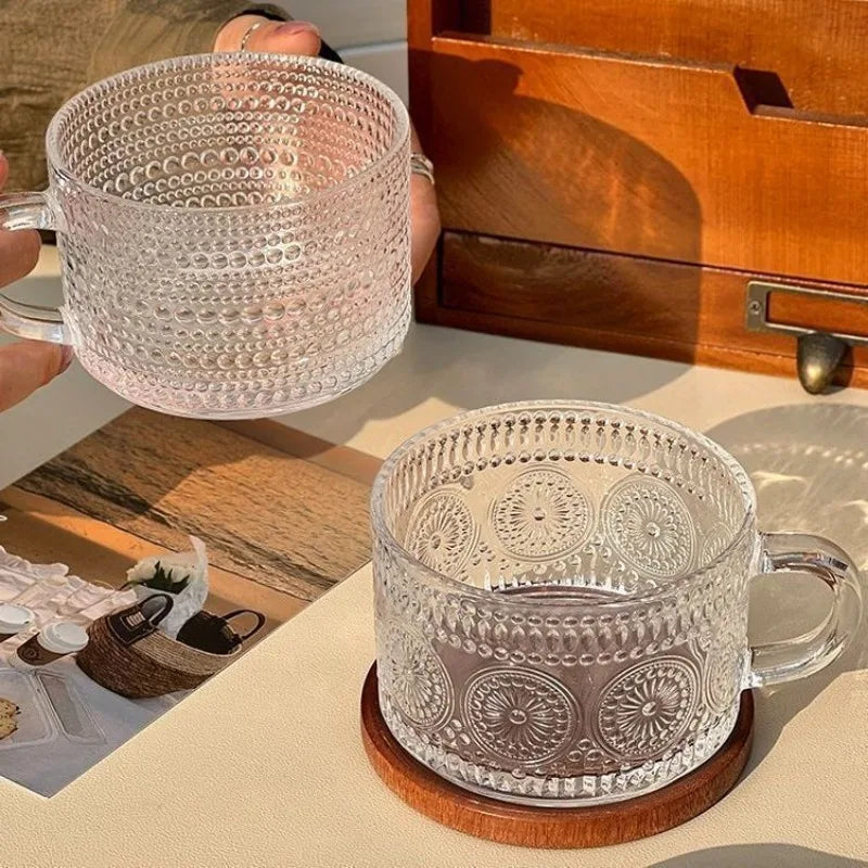 8‑Pack Embossed Glass Coffee Mugs Set with Bamboo Lids and Golden Spoons, Clear Vintage Texture Glass Cups, Oatmeal Yogurt Dessert Bowls, Drinking Tumbler for Tea, Milk, Juice, Home Kitchen Daily‑Use Drinkware