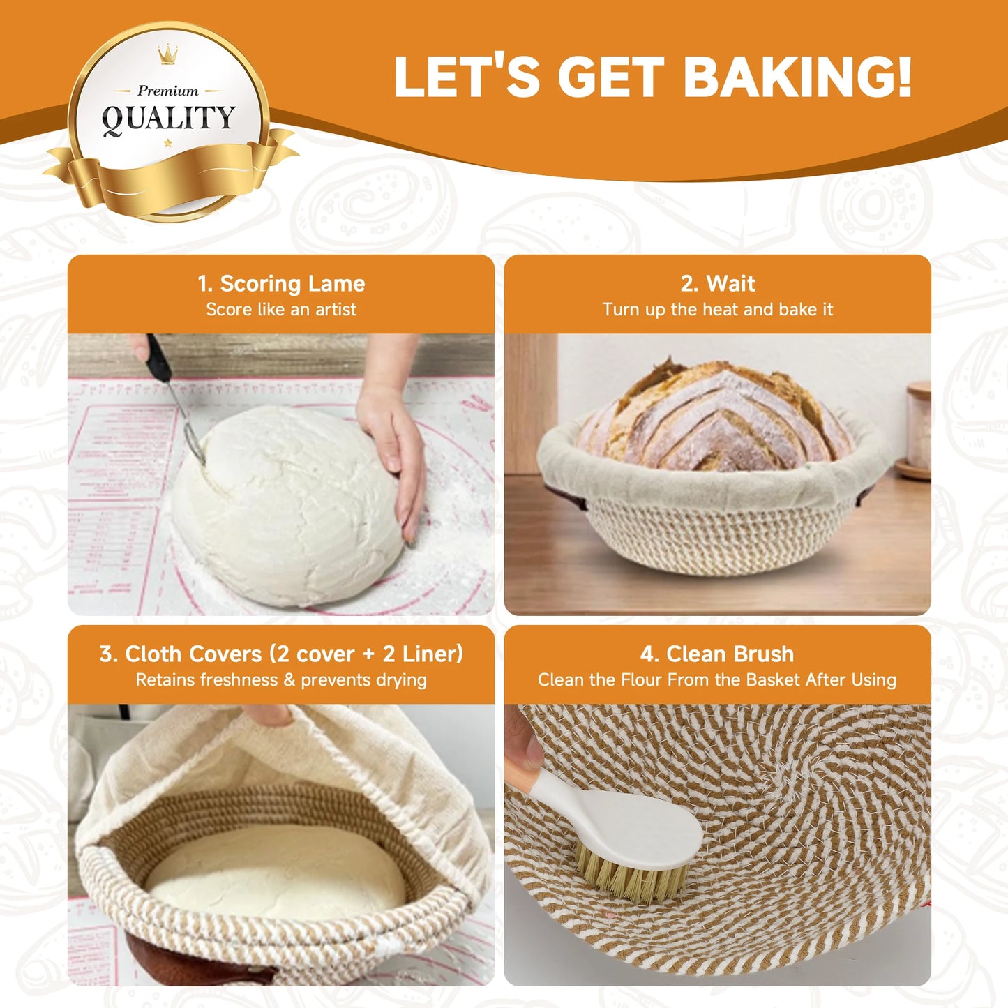 Bread Proofing Basket Set With Banneton Baskets And Dough Whisk