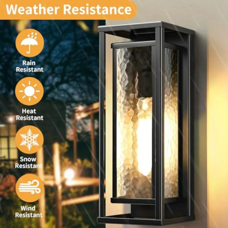16" Large Outdoor Wall Lights 2 Pack, Modern Outdoor Light Fixtures Wall Mount, Black Exterior Wall Sconce with Ripple Glass, W