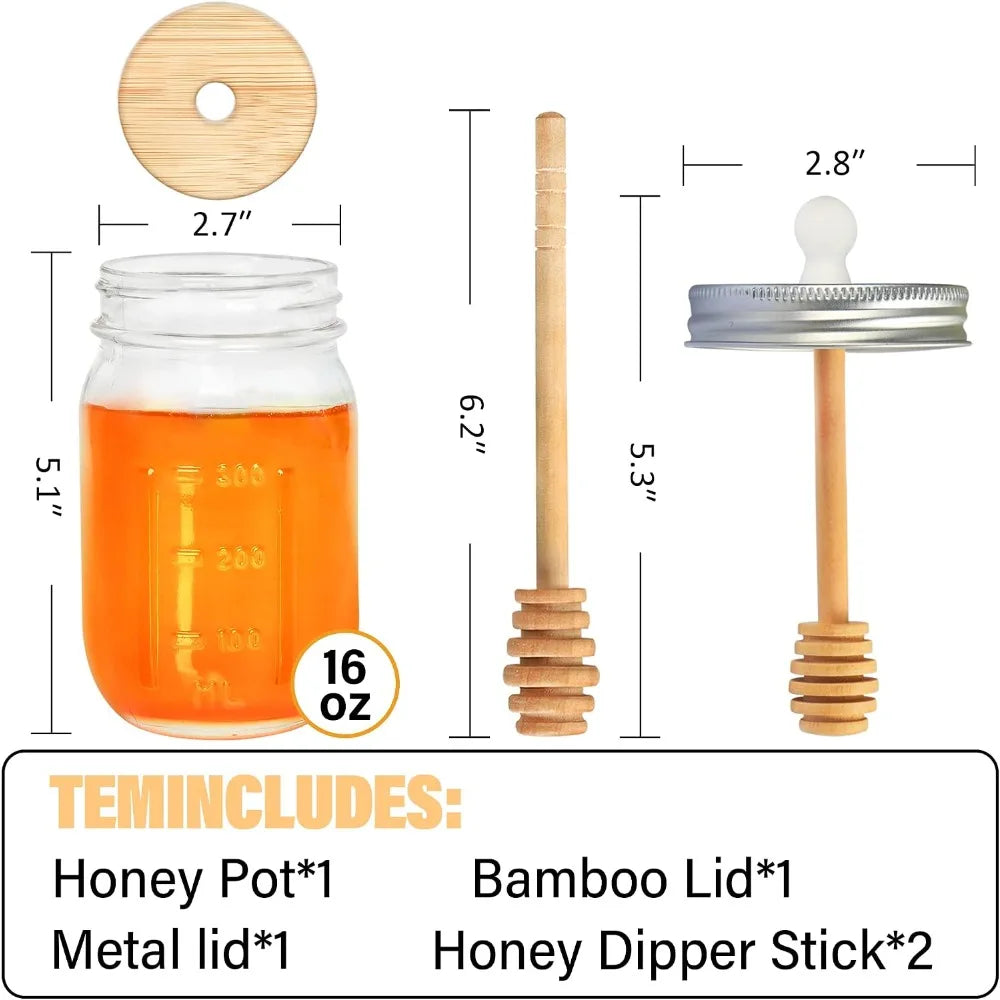 Glass Honey Jar With Dipper And Airtight Lid For Kitchen