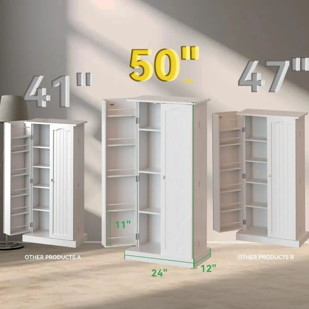 50 White LED-Lit Kitchen Pantry Cabinet with Adjustable Shelves for Storage in Kitchen, Living, and Dining Spaces