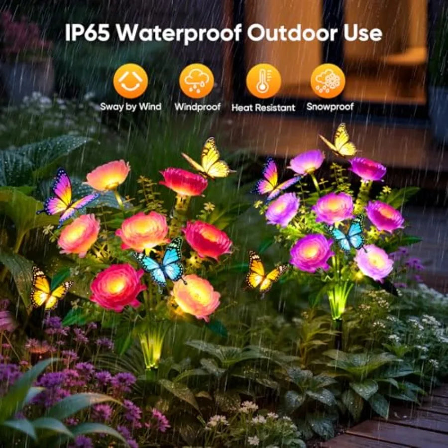 Solar Flowers Lights Outdoor Waterproof: LED Solar Lights Decorative for Outside Garden Decor with Butterfly Auto-On/Off for Ya