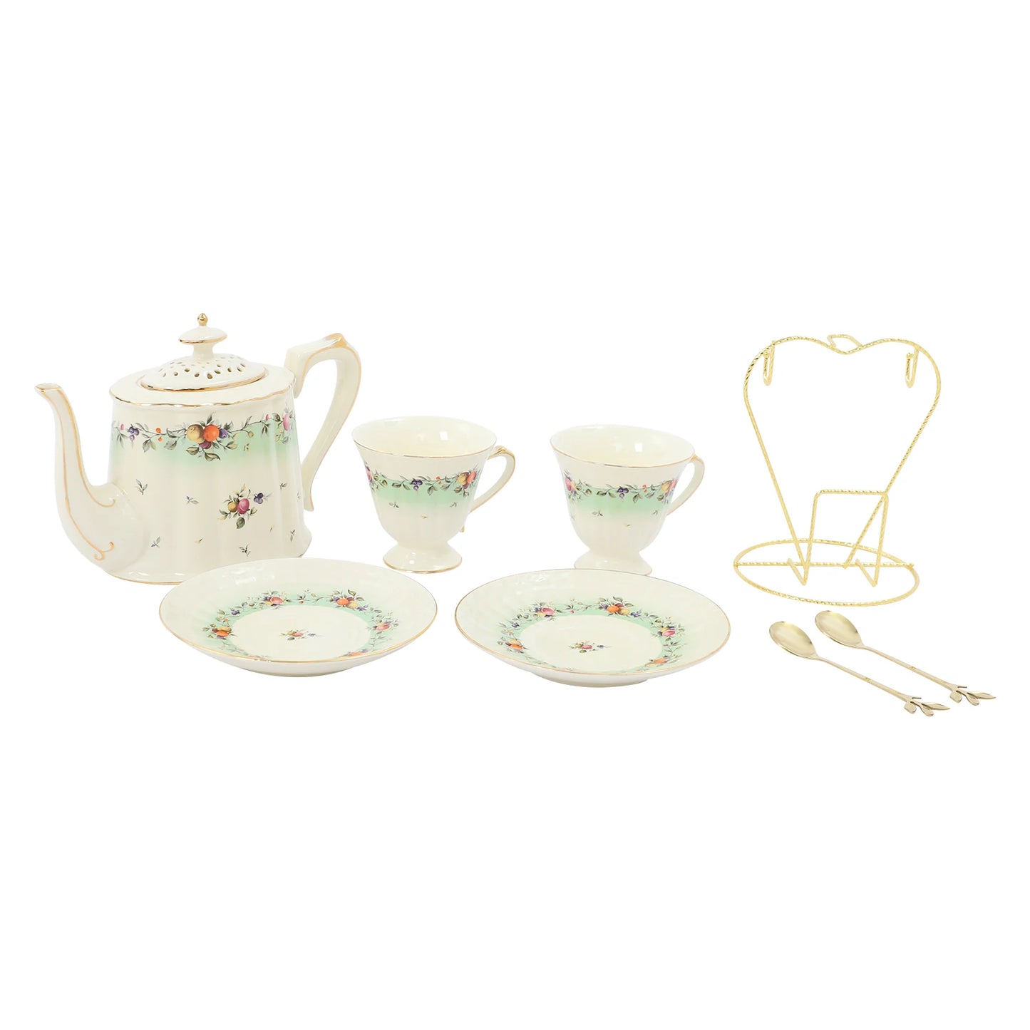 Porcelain Tea Set for 2, European Style Ceramic Tea Set with Teapot Cups Saucers, Includes Iron Stand 27oz