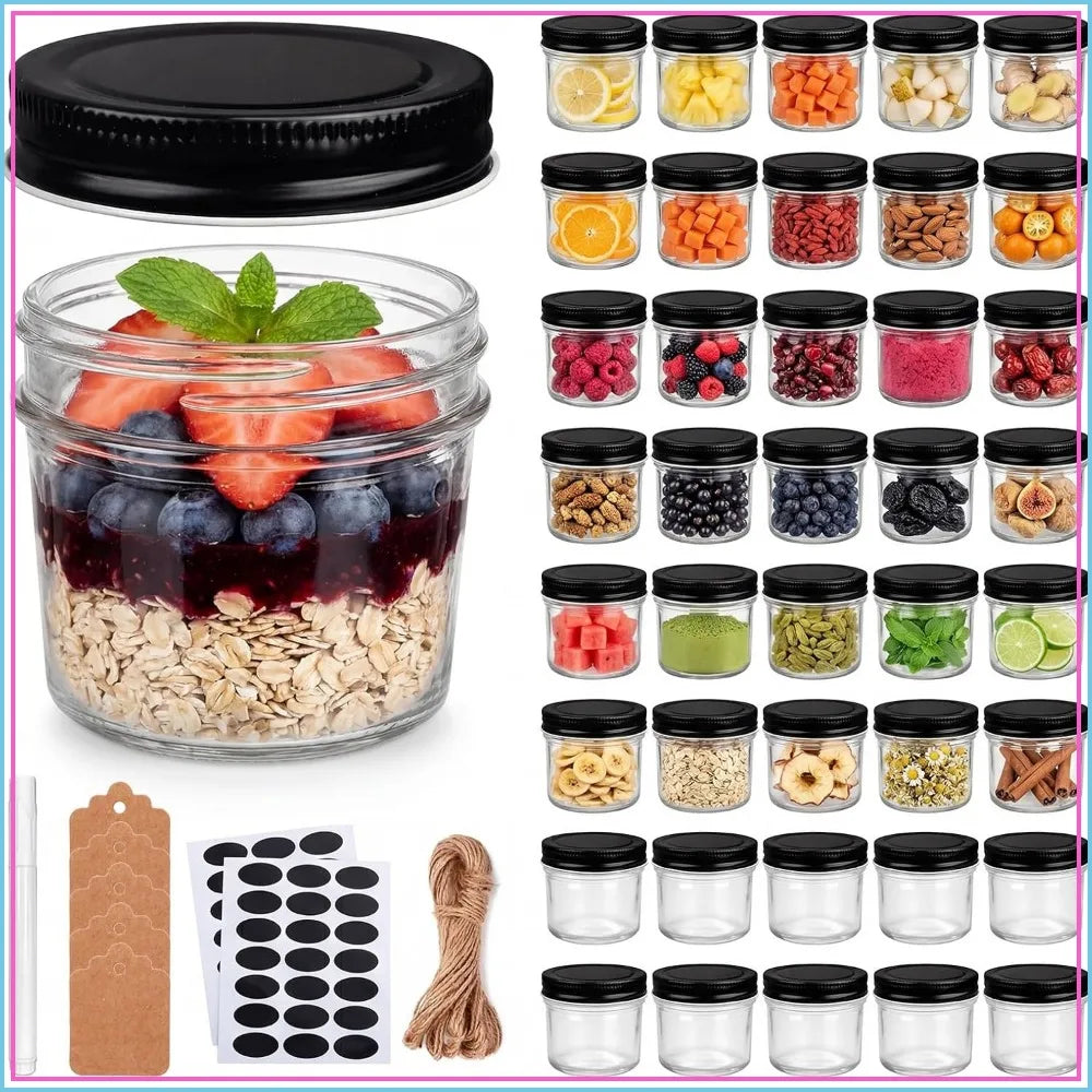 40 Pack 4oz Mini Glass Mason Jars with Black Lids - Spice Canning Jars for Honey, Jam, DIY Favors, Kitchen Storage