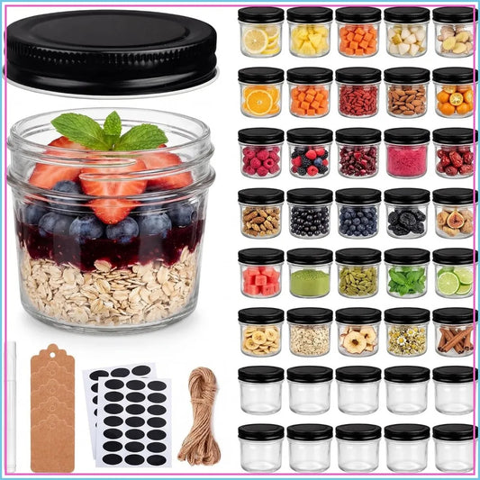 40 Pack 4oz Mini Glass Mason Jars with Black Lids - Spice Canning Jars for Honey, Jam, DIY Favors, Kitchen Storage
