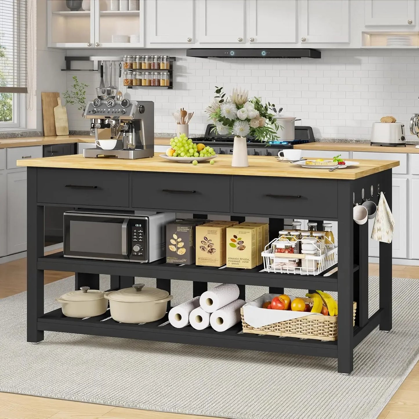 Rubberwood Kitchen Island With Power Outlets And Shelves Farmhouse Style
