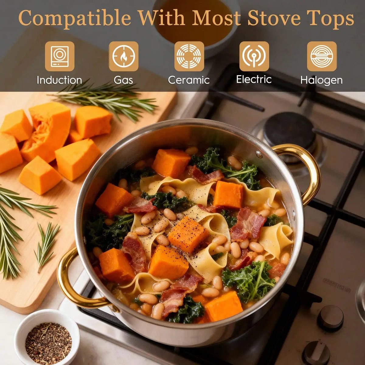 Stainless Steel Pot Set Modern Luxury Cookware Stock Pot Set Silver Body Gold Handles 10 Pcs Set 5 Pots 5 Lids Multi Size Deep Stock Pot For Home Kitchen Restaurant Cooking Soup Noodles Hot Pot Pasta