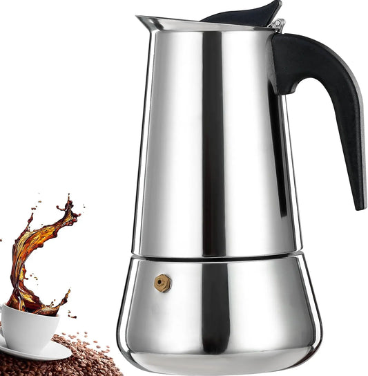 Food Grade Stainless Steel Stovetop Espresso Moka Pot with Safety Valve, Multi Capacity Italian Coffee Percolator, Gas Induction Camping Coffee Maker for Home Cafe Use