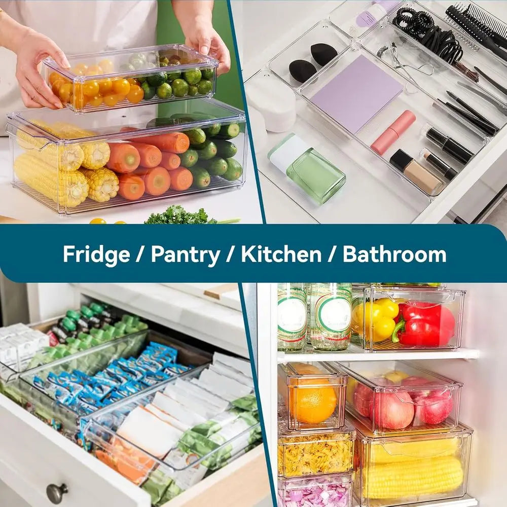 4 Piece Refrigerator Organizer Bins, Clear Ridge Organizers and Storage, Stackable with Lids, Food Storage Containers for Fruit,