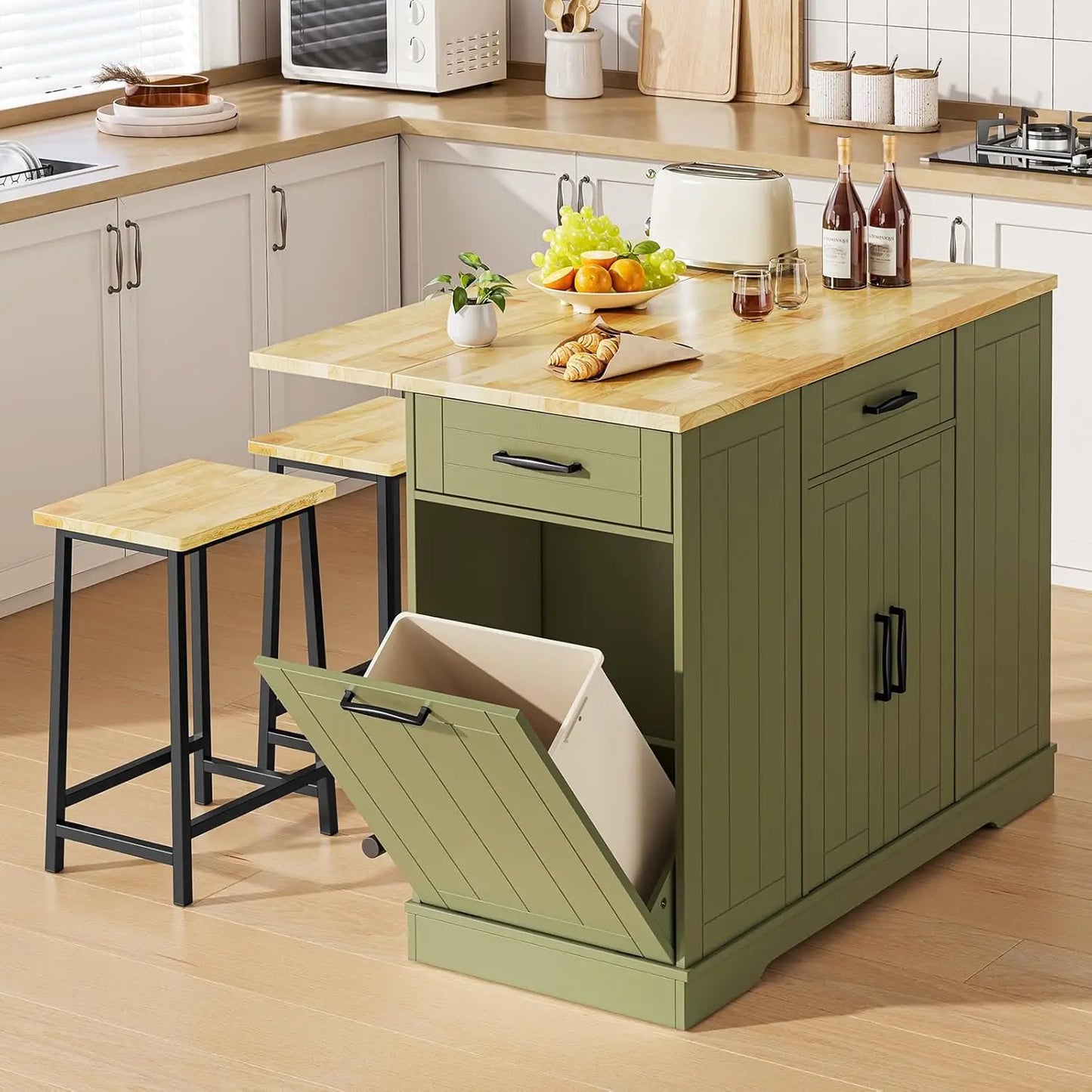 Stationary Kitchen Islands with 2 Chairs, 47" Rolling Kitchen Island with Drop Leaf, Home Bar Table with Spice Rack & Trash Can, Movable Island, Island Table for Dining Room