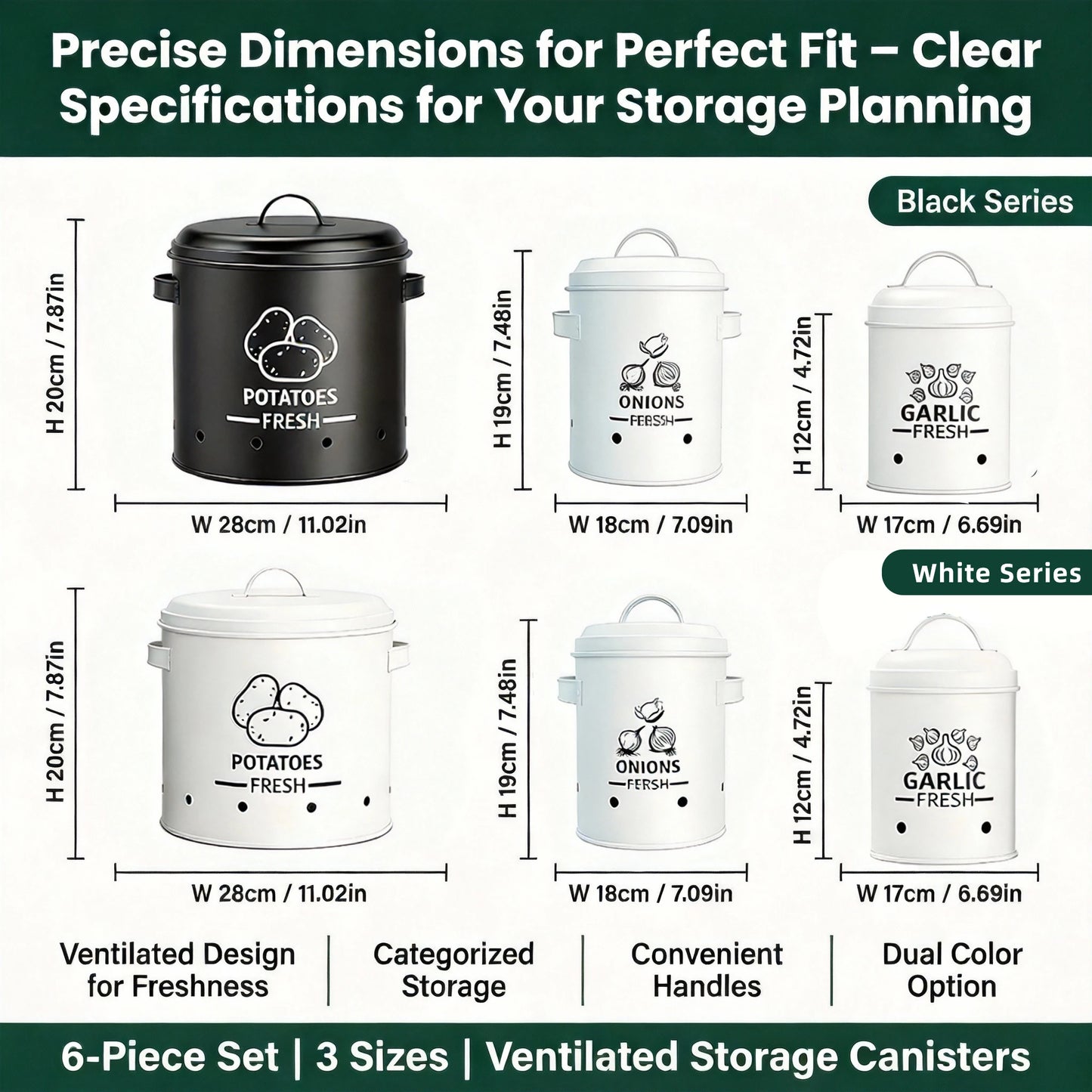 Metal Potato Onion & Garlic Storage Containers with Lids & Air Holes – Stackable 3 Sizes Space-Saving for Kitchen Counter Black