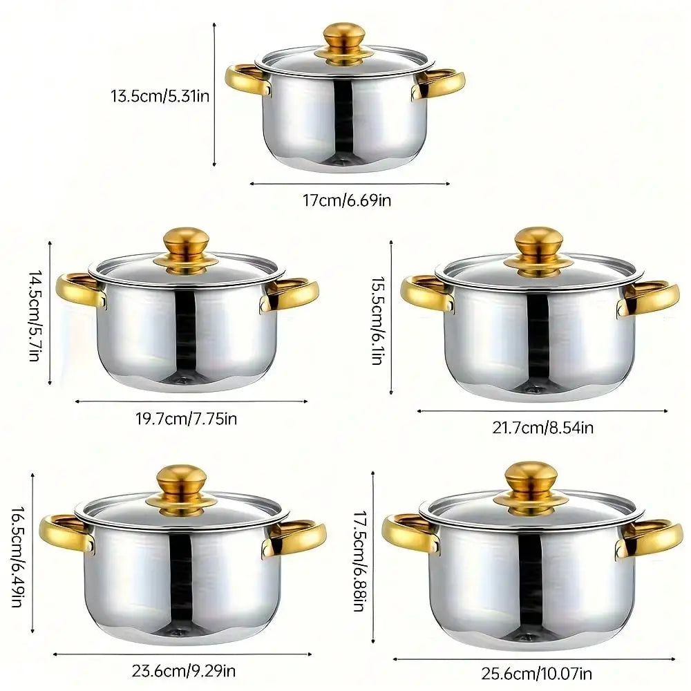 Stainless Steel Pot Set Modern Luxury Cookware Stock Pot Set Silver Body Gold Handles 10 Pcs Set 5 Pots 5 Lids Multi Size Deep Stock Pot For Home Kitchen Restaurant Cooking Soup Noodles Hot Pot Pasta