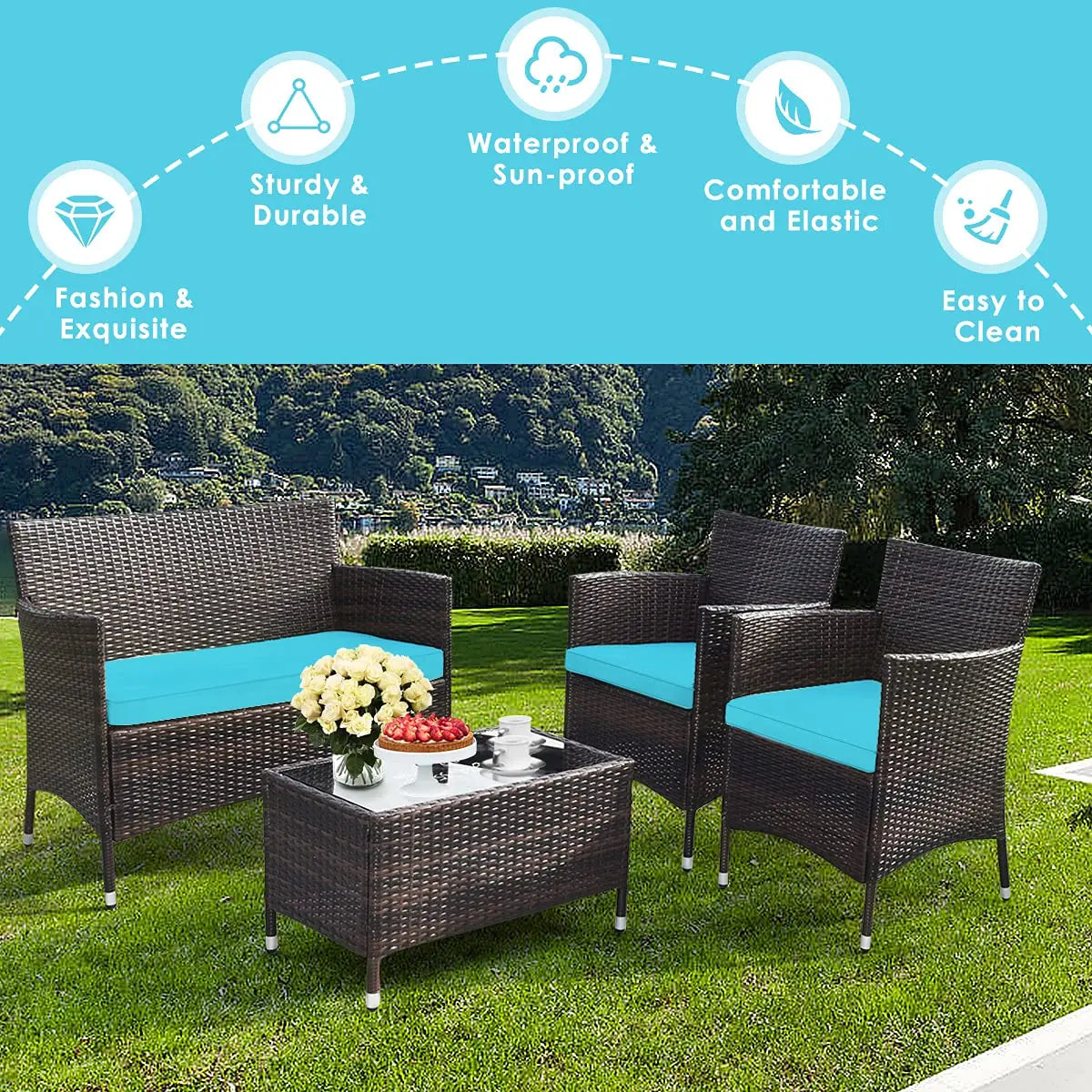 XIAOLANG 4 Piece Rattan Patio Set Outdoor Wicker Conversation Set