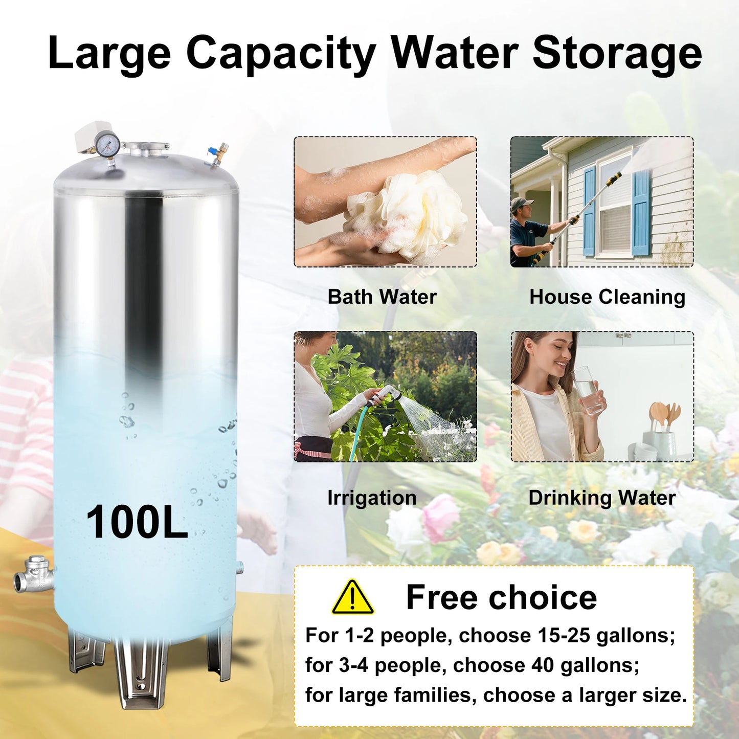 26.4Gal Well Water Pressure Tank, 304 Stainless Steel Pressurized Water Storage Container, Heavy Duty Automatic Booster Tank for Home Farm Garden Kitchen with Mounting Kit