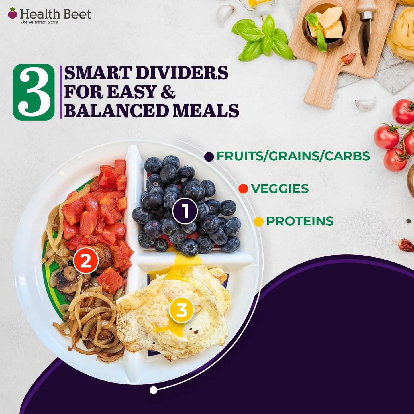 Portion Control Plate with 3 Divided Sections for Veggies, Carbs & Protein, Microwave & Dishwasher Safe, Bariatric Sectioned