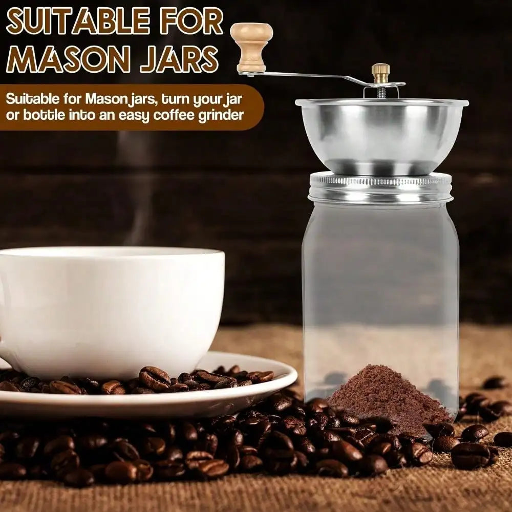 Stainless Steel Manual Coffee Grinder Set, for 70mm Wide-Mouth Mason Jars - A Manual Burr Grinder Perfect for Fresh Coffee, Great for Camping and Home Brewing